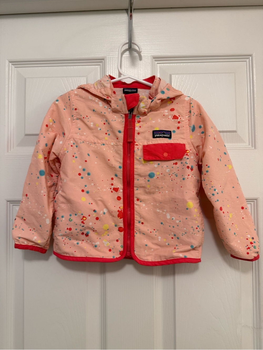 Like New Patagonia Baby Baggies™ Pink Paint Splatter Pattern Hooded Jacket